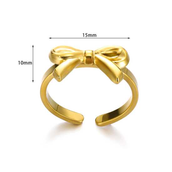 Picture of 1 Piece Vacuum Plating 304 Stainless Steel Open Rings Gold Plated Bowknot 15mm x 10mm