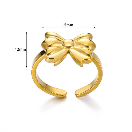 Picture of 1 Piece Vacuum Plating 304 Stainless Steel Open Rings Gold Plated Bowknot 15mm x 12mm