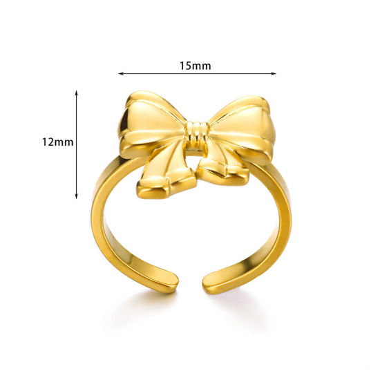 Picture of 1 Piece Vacuum Plating 304 Stainless Steel Open Rings Gold Plated Bowknot 15mm x 12mm