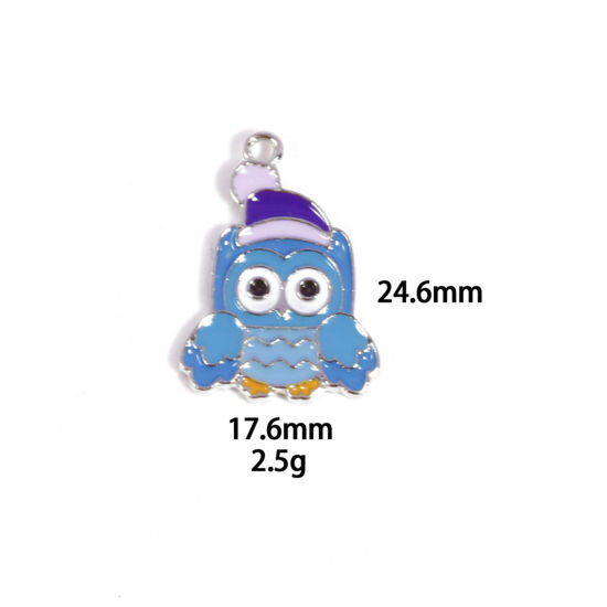 Picture of 10 PCs Zinc Based Alloy Charms Winter Style Silver Tone Multicolor Owl Animal Enamel 24.6mm x 17.6mm