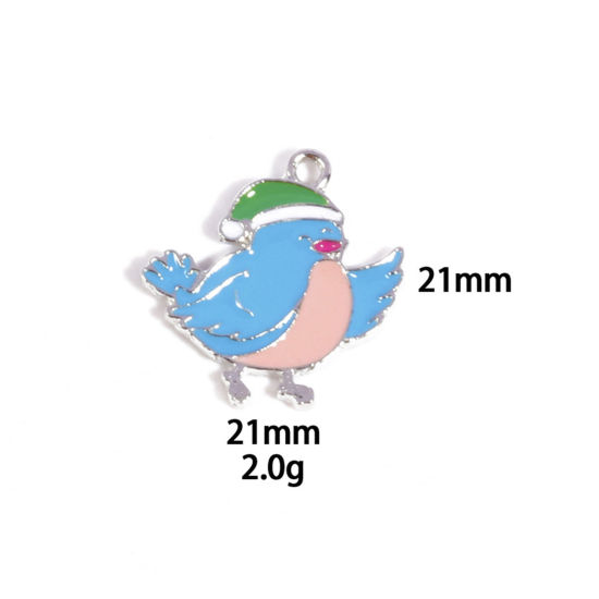 Picture of 10 PCs Zinc Based Alloy Charms Winter Style Silver Tone Multicolor Bird Animal Enamel 21mm x 21mm