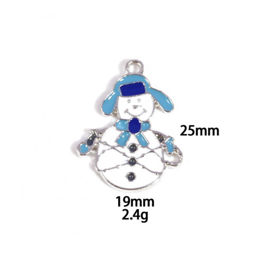 Picture of 10 PCs Zinc Based Alloy Charms Winter Style Silver Tone White & Blue Christmas Snowman Enamel 25mm x 19mm