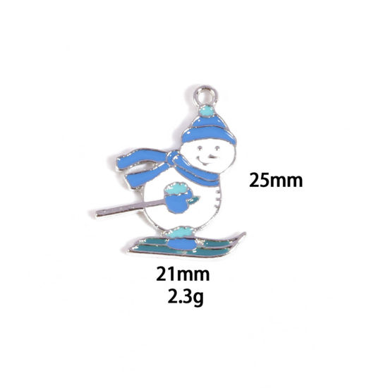 Picture of 10 PCs Zinc Based Alloy Charms Winter Style Silver Tone White & Blue Christmas Snowman Enamel 25mm x 21mm