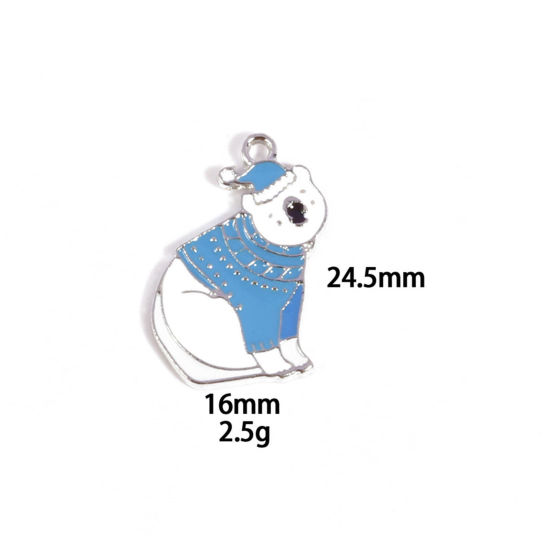 Picture of 10 PCs Zinc Based Alloy Charms Winter Style Silver Tone White & Blue Bear Enamel 24.5mm x 16mm