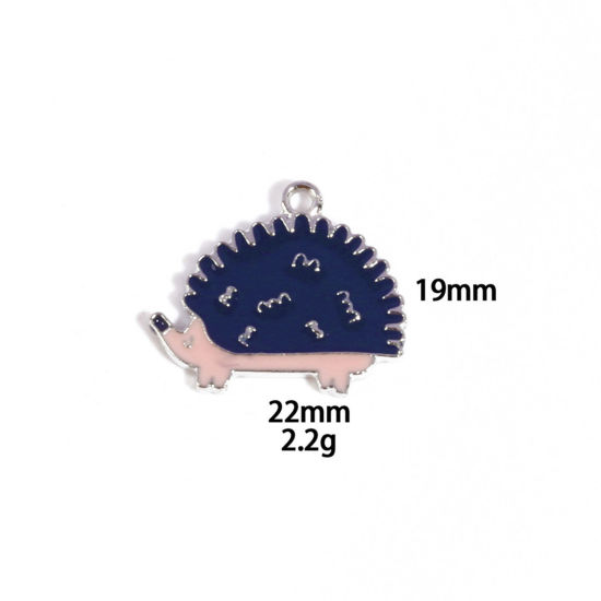 Picture of 10 PCs Zinc Based Alloy Charms Winter Style Silver Tone Dark Blue Hedgehog Enamel 22mm x 19mm