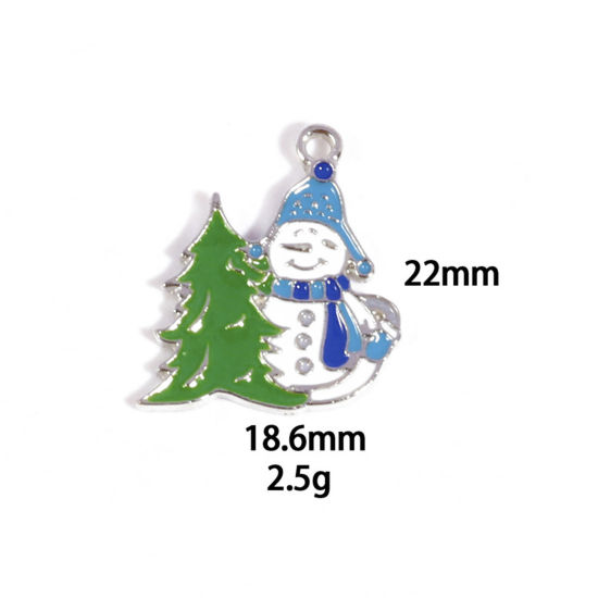 Picture of 10 PCs Zinc Based Alloy Charms Winter Style Silver Tone White & Blue Christmas Snowman Enamel 22mm x 18.6mm