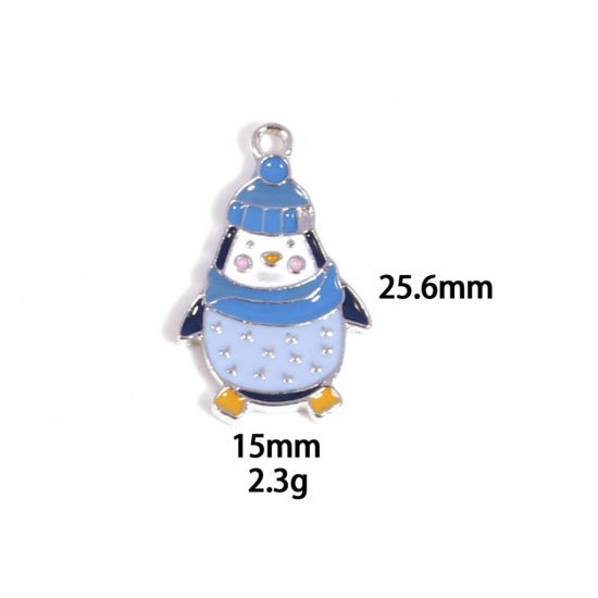 Picture of 10 PCs Zinc Based Alloy Charms Winter Style Silver Tone Multicolor Penguin Animal Enamel 25.6mm x 15mm