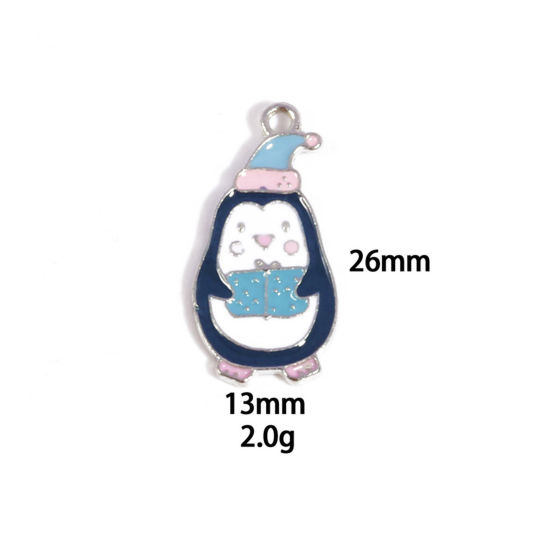 Picture of 10 PCs Zinc Based Alloy Charms Winter Style Silver Tone Multicolor Penguin Animal Enamel 26mm x 13mm