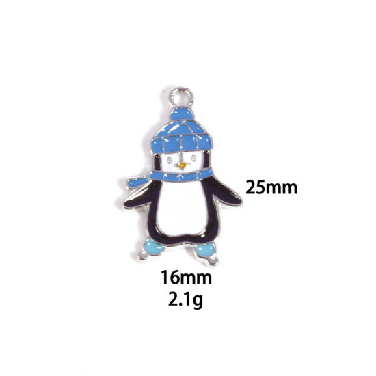 Picture of 10 PCs Zinc Based Alloy Charms Winter Style Silver Tone Multicolor Penguin Animal Enamel 25mm x 16mm