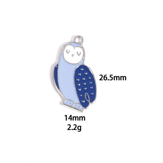 Picture of 10 PCs Zinc Based Alloy Charms Winter Style Silver Tone Blue & Dark Blue Owl Animal Enamel 26.5mm x 14mm