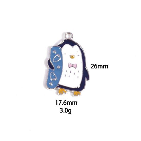 Picture of 10 PCs Zinc Based Alloy Charms Winter Style Silver Tone Multicolor Penguin Animal Enamel 26mm x 17.6mm