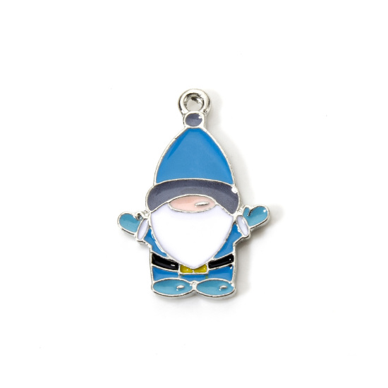 Picture of 10 PCs Zinc Based Alloy Charms Winter Style Silver Tone Blue Christmas Santa Claus Enamel 25mm x 17.7mm