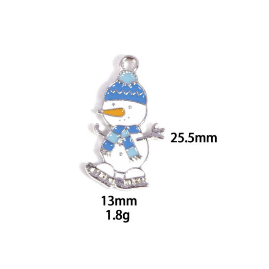 Picture of 10 PCs Zinc Based Alloy Charms Winter Style Silver Tone Blue Christmas Snowman Enamel 25.5mm x 13mm