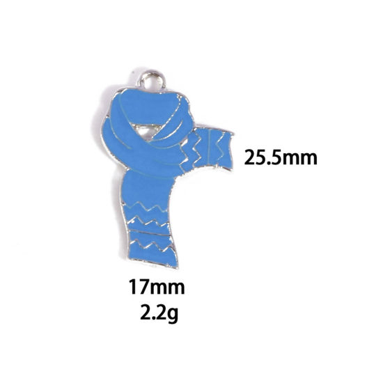 Picture of 10 PCs Zinc Based Alloy Charms Winter Style Silver Tone Blue Scarf Enamel 25.5mm x 17mm