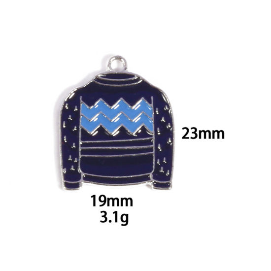 Picture of 10 PCs Zinc Based Alloy Charms Winter Style Silver Tone Dark Blue Turtleneck Sweater Enamel 23mm x 19mm