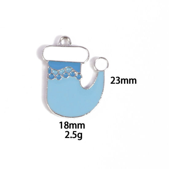 Picture of 10 PCs Zinc Based Alloy Charms Winter Style Silver Tone Blue Sock Enamel 23mm x 18mm