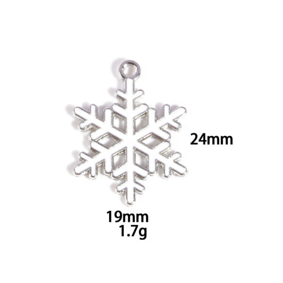 Picture of 10 PCs Zinc Based Alloy Charms Winter Style Silver Tone White Christmas Snowflake Enamel 24mm x 19mm