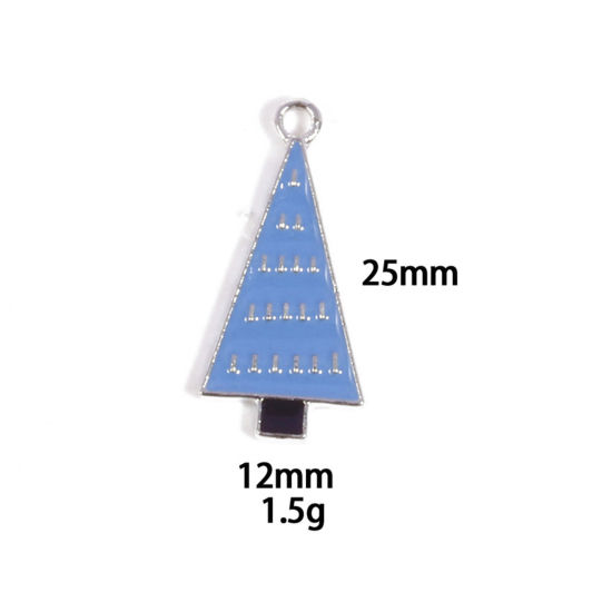 Picture of 10 PCs Zinc Based Alloy Charms Winter Style Silver Tone Blue Christmas Tree Enamel 25mm x 12mm