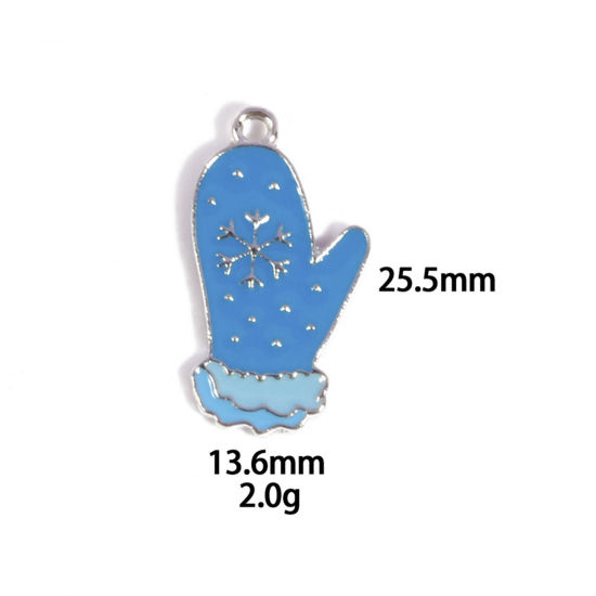 Picture of 10 PCs Zinc Based Alloy Charms Winter Style Silver Tone Blue Glove Enamel 25.5mm x 13.6mm