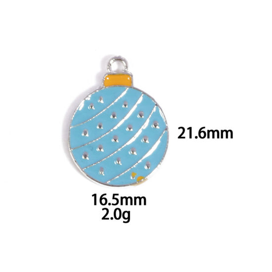 Picture of 10 PCs Zinc Based Alloy Charms Winter Style Silver Tone Blue Christmas Baubles Enamel 21.6mm x 16.5mm