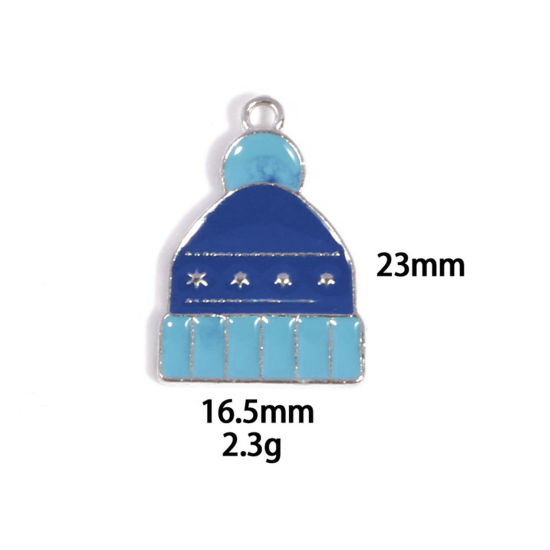 Picture of 10 PCs Zinc Based Alloy Charms Winter Style Silver Tone Blue & Dark Blue Hat Enamel 23mm x 16.5mm