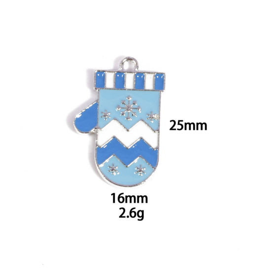 Picture of 10 PCs Zinc Based Alloy Charms Winter Style Silver Tone Blue Glove Enamel 25mm x 16mm