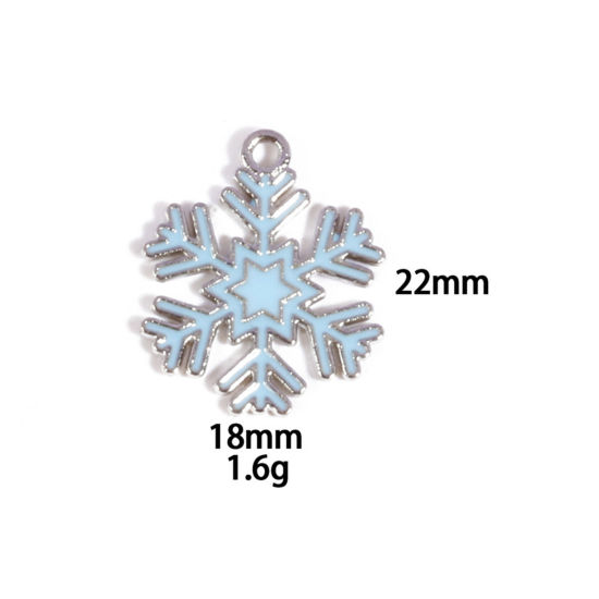 Picture of 10 PCs Zinc Based Alloy Charms Winter Style Silver Tone Blue Christmas Snowflake Enamel 22mm x 18mm