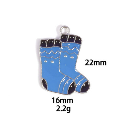 Picture of 10 PCs Zinc Based Alloy Charms Winter Style Silver Tone Blue Sock Enamel 22mm x 16mm