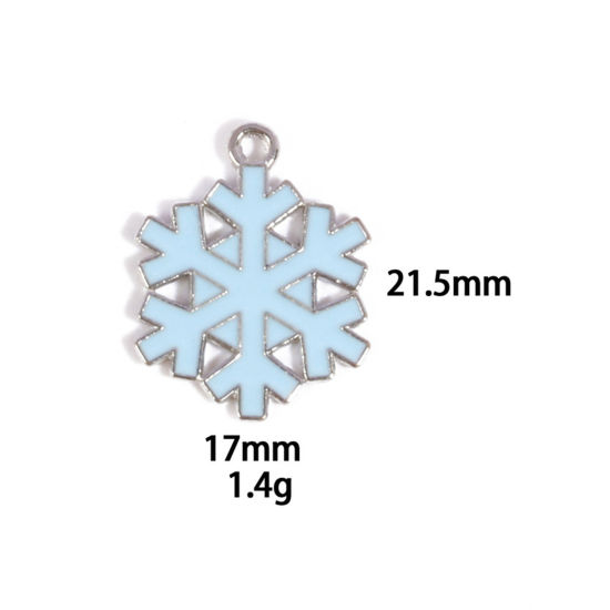 Picture of 10 PCs Zinc Based Alloy Charms Winter Style Silver Tone Blue Christmas Snowflake Enamel 21.5mm x 17mm