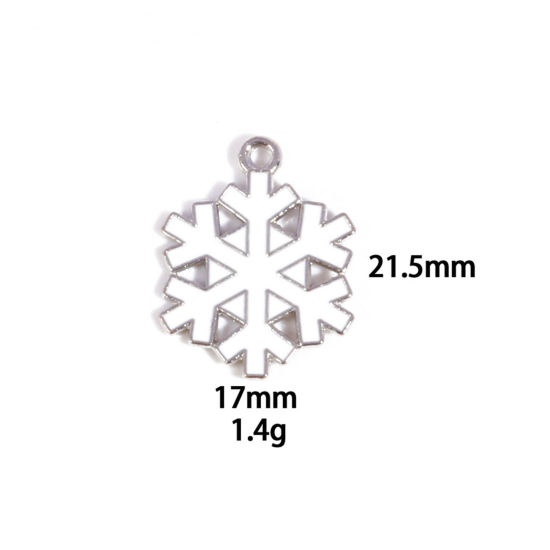 Picture of 10 PCs Zinc Based Alloy Charms Winter Style Silver Tone White Christmas Snowflake Enamel 21.5mm x 17mm