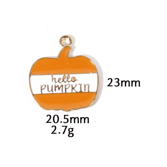 Picture of 10 PCs Zinc Based Alloy Autumn Fall Style Halloween Charms Gold Plated Orange Pumpkin Enamel 23mm x 20.5mm