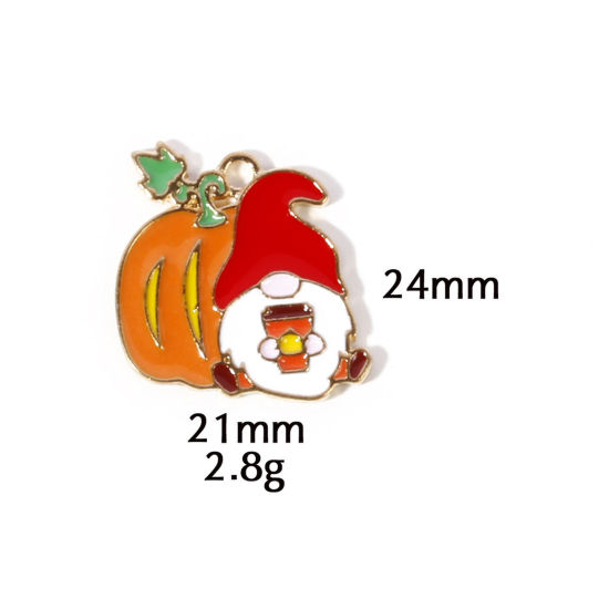 Picture of 10 PCs Zinc Based Alloy Autumn Fall Style Halloween Charms Gold Plated Orange Pumpkin Christmas Santa Claus Enamel 24mm x 21mm