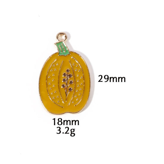 Picture of 10 PCs Zinc Based Alloy Autumn Fall Style Halloween Charms Gold Plated Yellow Pumpkin Enamel 29mm x 18mm