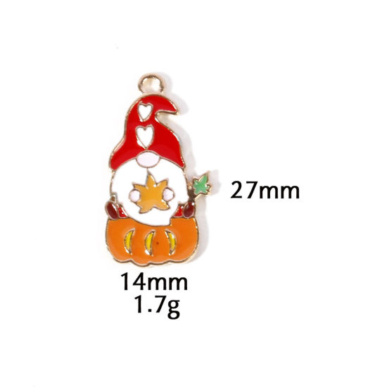 Picture of 10 PCs Zinc Based Alloy Autumn Fall Style Halloween Charms Gold Plated Multicolor Pumpkin Christmas Santa Claus Enamel 27mm x 14mm