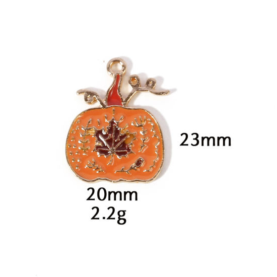 Picture of 10 PCs Zinc Based Alloy Autumn Fall Style Halloween Charms Gold Plated Orange Pumpkin Enamel 23mm x 20mm