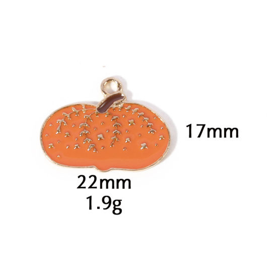 Picture of 10 PCs Zinc Based Alloy Autumn Fall Style Halloween Charms Gold Plated Orange Pumpkin Enamel 22mm x 17mm