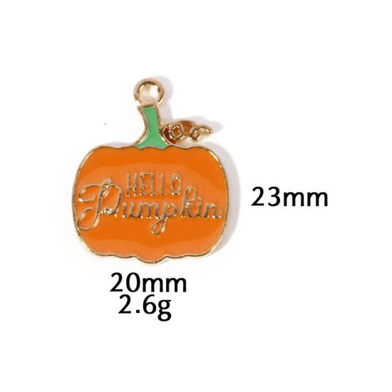 Picture of 10 PCs Zinc Based Alloy Autumn Fall Style Halloween Charms Gold Plated Orange Pumpkin Enamel 23mm x 20mm