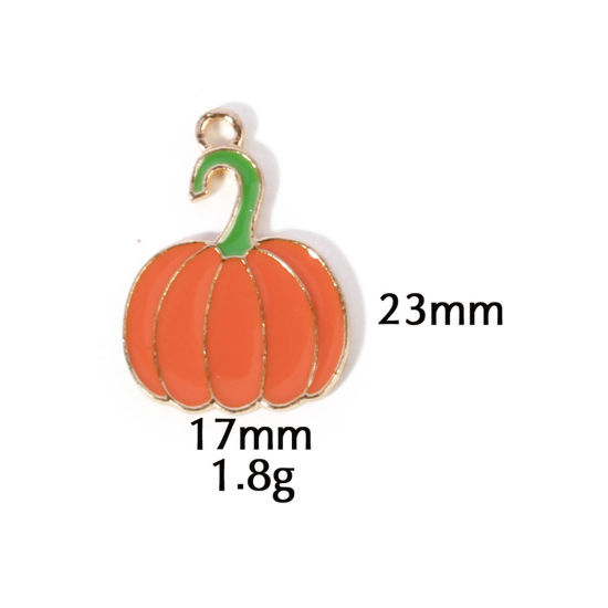 Picture of 10 PCs Zinc Based Alloy Autumn Fall Style Halloween Charms Gold Plated Orange Pumpkin Enamel 23mm x 17mm