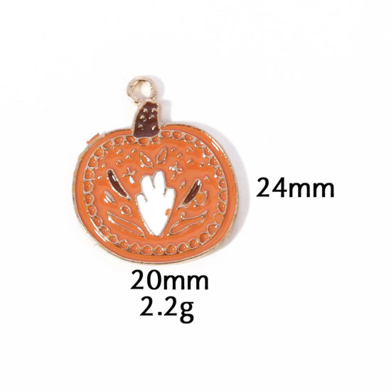 Picture of 10 PCs Zinc Based Alloy Autumn Fall Style Halloween Charms Gold Plated Orange Pumpkin Enamel 24mm x 20mm