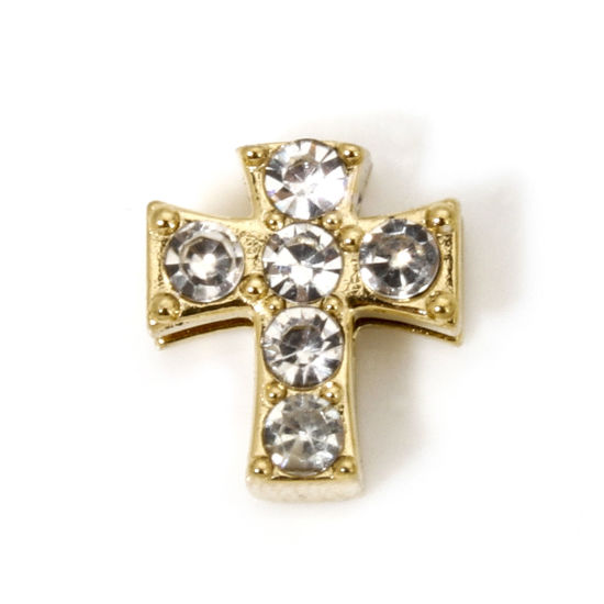 Image de 1 Pièce Breloques en 304 Acier Inoxydable Placage Sous Vide Écologique Croix Doré à Strass Transparent 9mm x 8mm