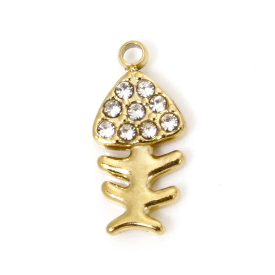 Image de 1 Pièce Breloques en 304 Acier Inoxydable Placage Sous Vide Écologique Poisson Doré à Strass Transparent 12.5mm x 6mm