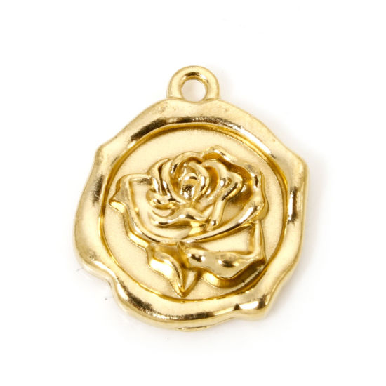 Picture of 2 PCs 304 Stainless Steel Flora Collection Charmes Gold Plated Round Rose Flower 16mm x 13.5mm