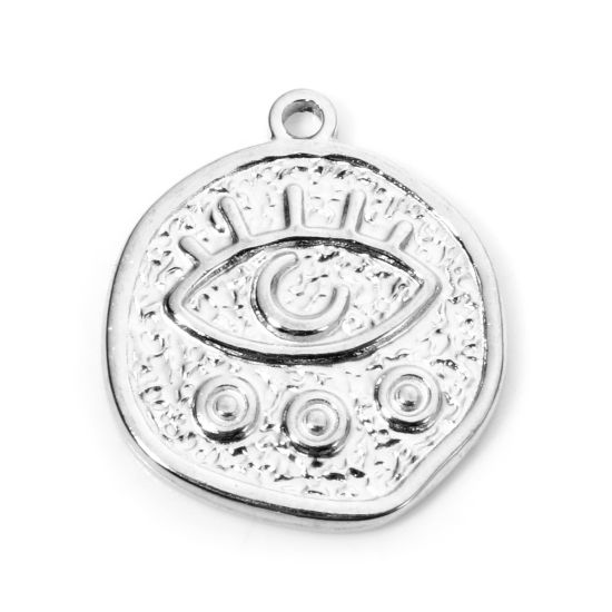 Picture of 2 PCs 304 Stainless Steel Religious Disc Charms Silver Tone Round Eye 19mm x 17mm