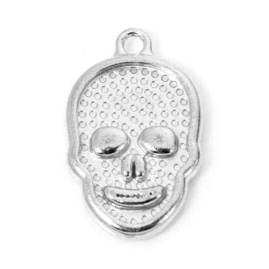 Picture of 2 PCs 304 Stainless Steel Halloween Charmes Silver Tone Skull 21.5mm x 13.5mm