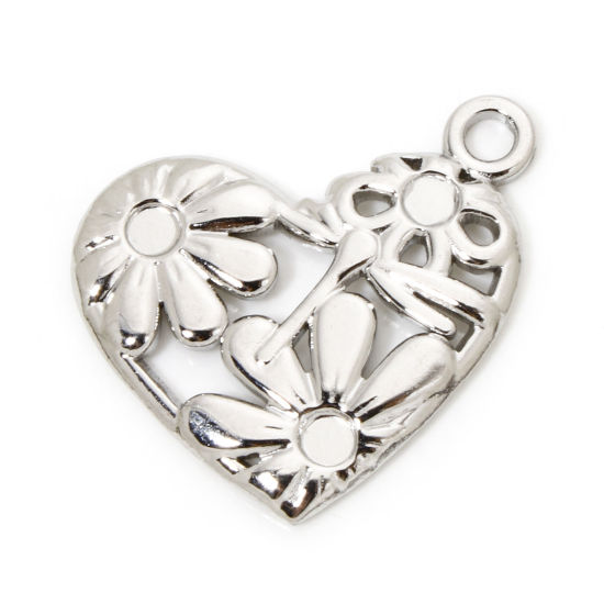 Picture of 2 PCs 304 Stainless Steel Valentine's Day Charmes Silver Tone Heart Filigree 25mm x 24mm