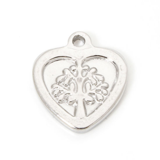 Picture of 2 PCs 304 Stainless Steel Valentine's Day Charmes Silver Tone Heart Tree 17mm x 15.5mm