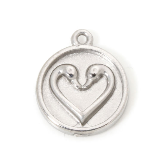 Picture of 2 PCs 304 Stainless Steel Valentine's Day Disc Charms Silver Tone Round Heart 17mm x 14mm