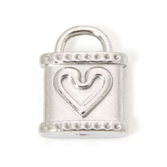 Picture of 2 PCs 304 Stainless Steel Valentine's Day Charmes Silver Tone Lock Heart 17.5mm x 13.5mm