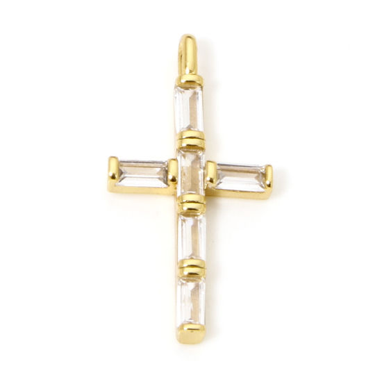 Picture of 1 Piece Eco-friendly Brass Religious Charms 18K Real Gold Plated Cross Clear Cubic Zirconia 24mm x 12mm