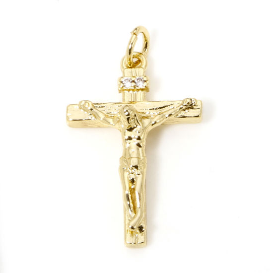 Picture of 1 Piece Eco-friendly Brass Religious Charms 18K Real Gold Plated Cross Jesus 27mm x 15mm